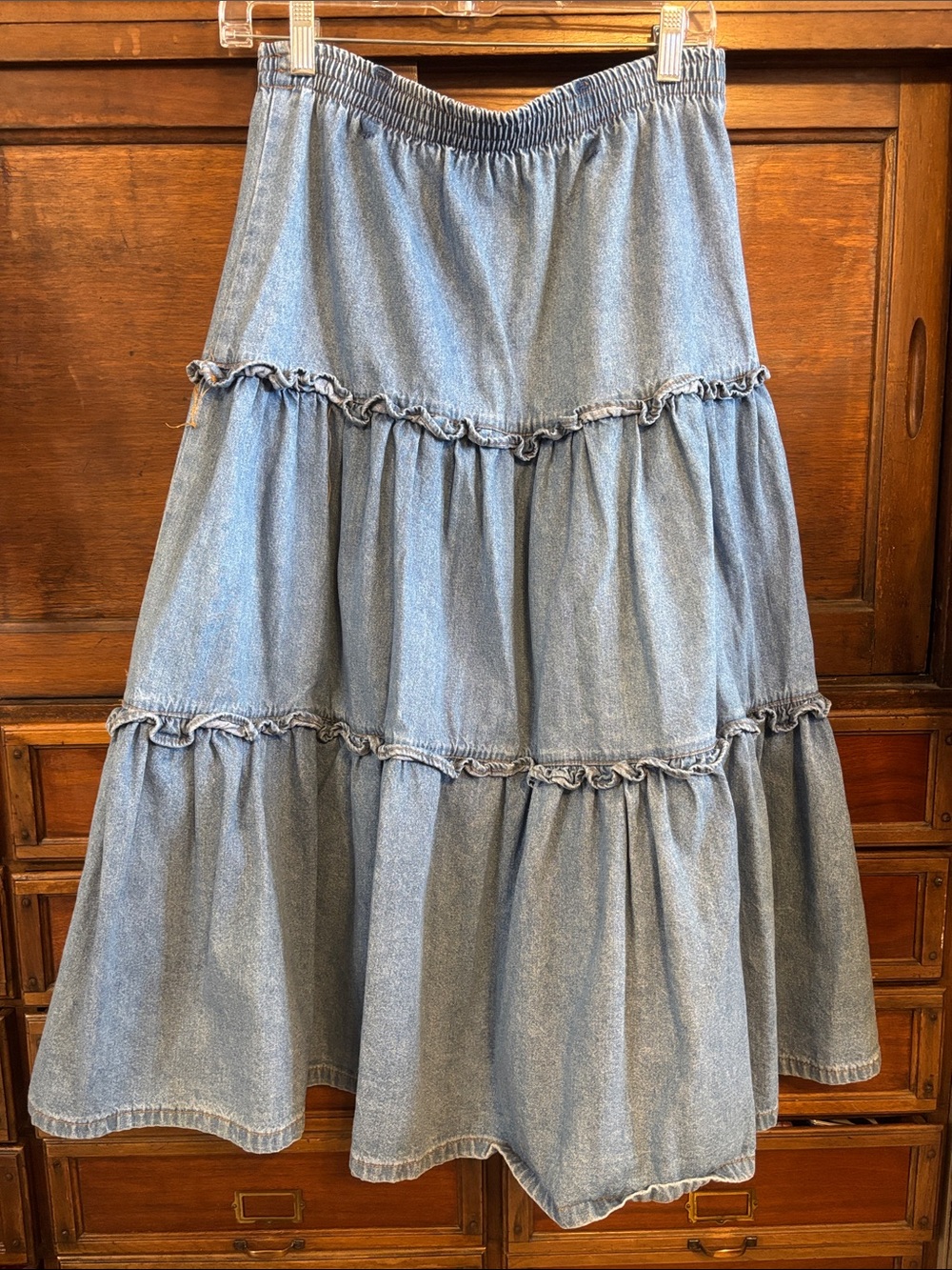 Faded blue jeans denim tiered ruffled prairie skirt M boho 80s vintage USA made